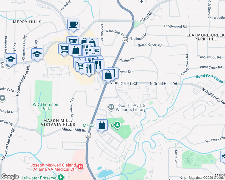 map of restaurants, bars, coffee shops, grocery stores, and more near 1996 North Williamsburg Drive in Decatur
