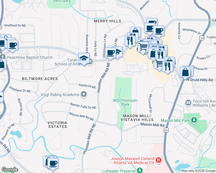 map of restaurants, bars, coffee shops, grocery stores, and more near 1128 Mason Woods Drive Northeast in Atlanta