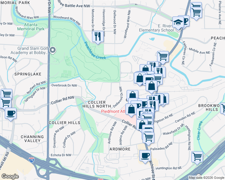 map of restaurants, bars, coffee shops, grocery stores, and more near 2073 Golfview Drive Northwest in Atlanta