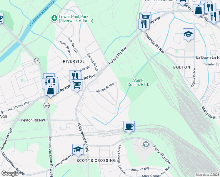 map of restaurants, bars, coffee shops, grocery stores, and more near 2060 Claude Street Northwest in Atlanta
