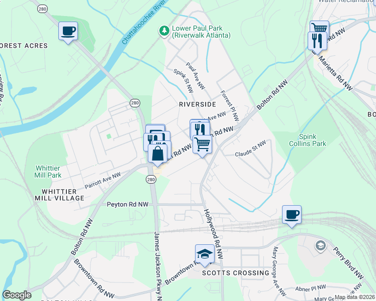 map of restaurants, bars, coffee shops, grocery stores, and more near 2040 Main Street Northwest in Atlanta