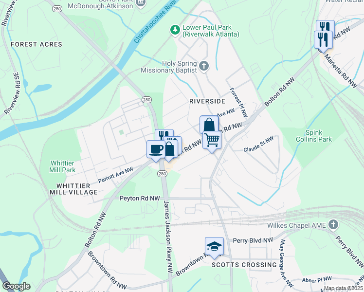 map of restaurants, bars, coffee shops, grocery stores, and more near 2055 Bolton Road Northwest in Atlanta