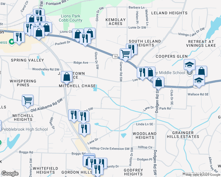 map of restaurants, bars, coffee shops, grocery stores, and more near 5851 Lone Oak Drive Southwest in Mableton