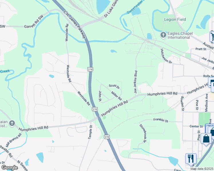 map of restaurants, bars, coffee shops, grocery stores, and more near 3400 Scott Drive in Austell