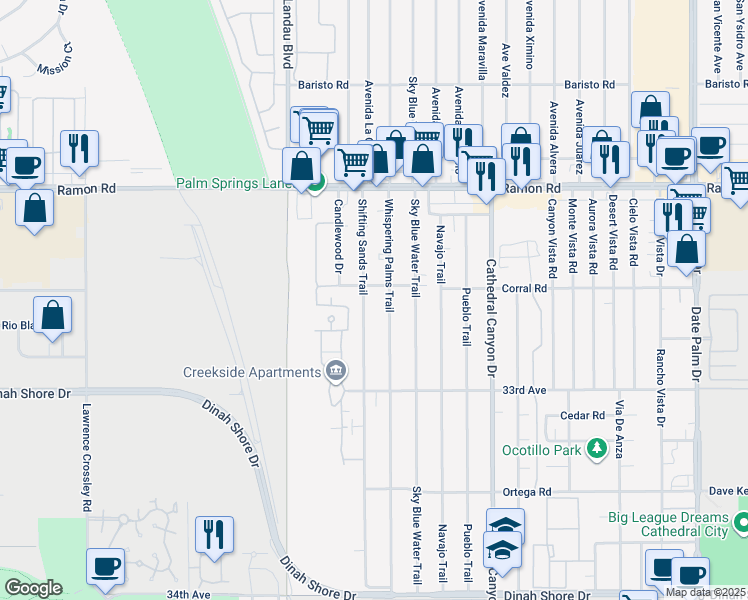 map of restaurants, bars, coffee shops, grocery stores, and more near 32550 Shifting Sands Trail in Cathedral City