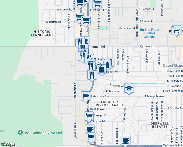map of restaurants, bars, coffee shops, grocery stores, and more near 1555 South Palm Canyon Drive in Palm Springs