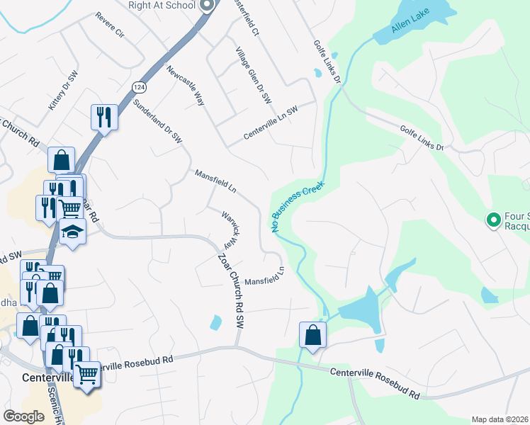 map of restaurants, bars, coffee shops, grocery stores, and more near 3438 Mansfield Lane in Snellville