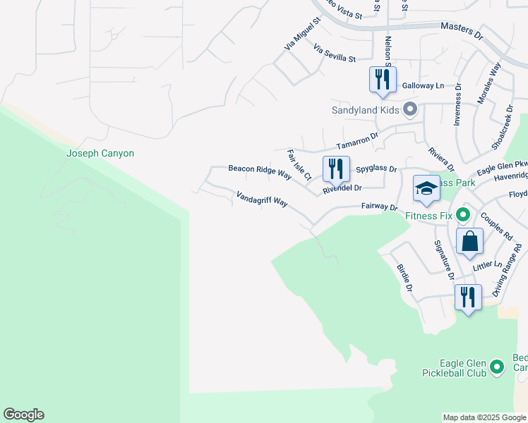 map of restaurants, bars, coffee shops, grocery stores, and more near 1544 Vandagriff Way in Corona
