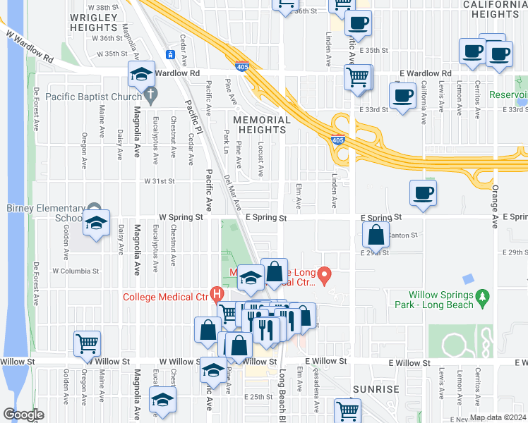 map of restaurants, bars, coffee shops, grocery stores, and more near 225 East Spring Street in Long Beach
