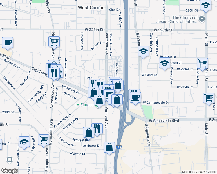 map of restaurants, bars, coffee shops, grocery stores, and more near 838 Coriander Drive in Torrance