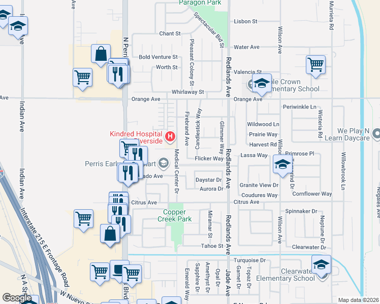 map of restaurants, bars, coffee shops, grocery stores, and more near 2181 Firebrand Avenue in Perris