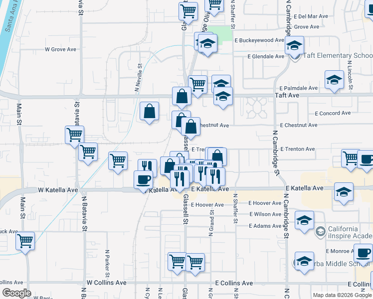 map of restaurants, bars, coffee shops, grocery stores, and more near 1491 North Glassell Street in Orange