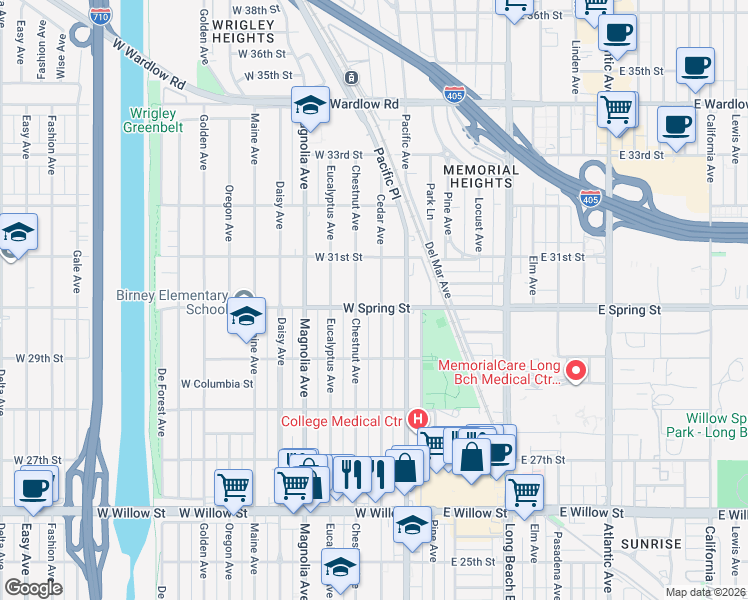 map of restaurants, bars, coffee shops, grocery stores, and more near 3005 Cedar Avenue in Long Beach
