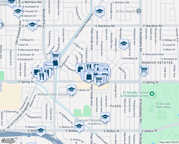 map of restaurants, bars, coffee shops, grocery stores, and more near 6314 East Pageantry Street in Long Beach
