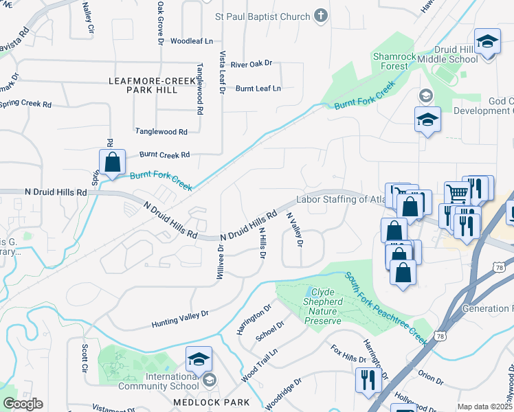 map of restaurants, bars, coffee shops, grocery stores, and more near 3574 North Druid Hills Road in Decatur