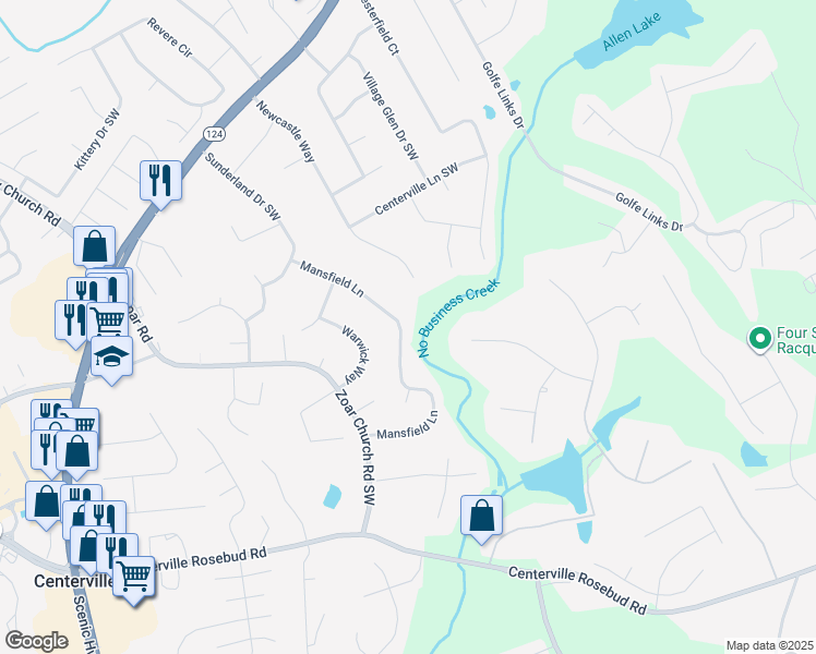 map of restaurants, bars, coffee shops, grocery stores, and more near 3448 Mansfield Lane in Snellville