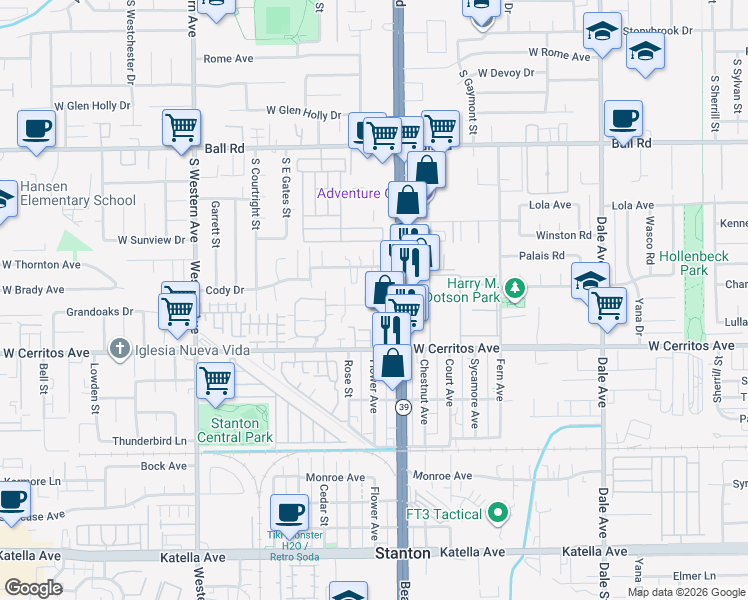 map of restaurants, bars, coffee shops, grocery stores, and more near 7892 1st Street in Stanton