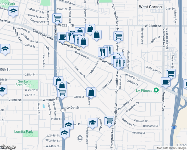 map of restaurants, bars, coffee shops, grocery stores, and more near 23423 Sidlee Place in Los Angeles