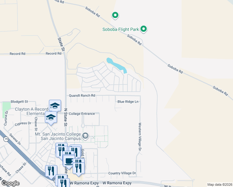 map of restaurants, bars, coffee shops, grocery stores, and more near 1794 The Willows Road in San Jacinto