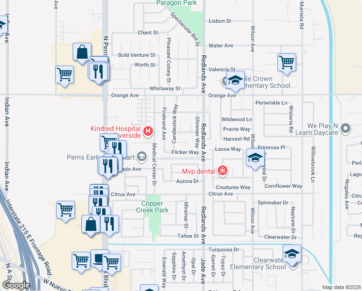 map of restaurants, bars, coffee shops, grocery stores, and more near 305 Saint Elmos Court in Perris