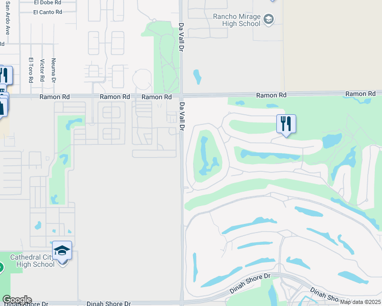 map of restaurants, bars, coffee shops, grocery stores, and more near Vía Las Flores in Rancho Mirage