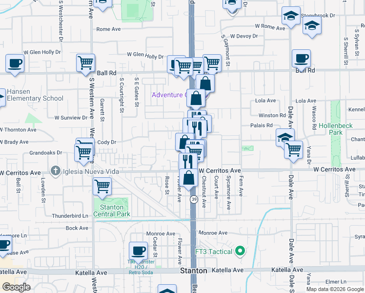 map of restaurants, bars, coffee shops, grocery stores, and more near 7892 1st Street in Stanton