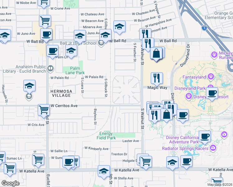 map of restaurants, bars, coffee shops, grocery stores, and more near 1485 West Cerritos Avenue in Anaheim