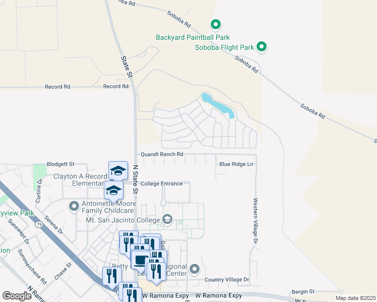 map of restaurants, bars, coffee shops, grocery stores, and more near 509 Quandt Ranch Road in San Jacinto