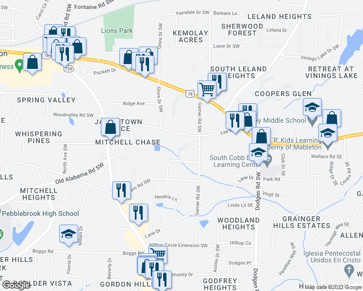 map of restaurants, bars, coffee shops, grocery stores, and more near 5834 Lone Oak Drive Southwest in Mableton
