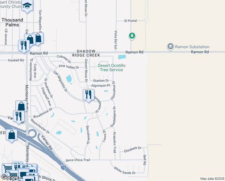 map of restaurants, bars, coffee shops, grocery stores, and more near 32617 Chiricahua Drive in Thousand Palms