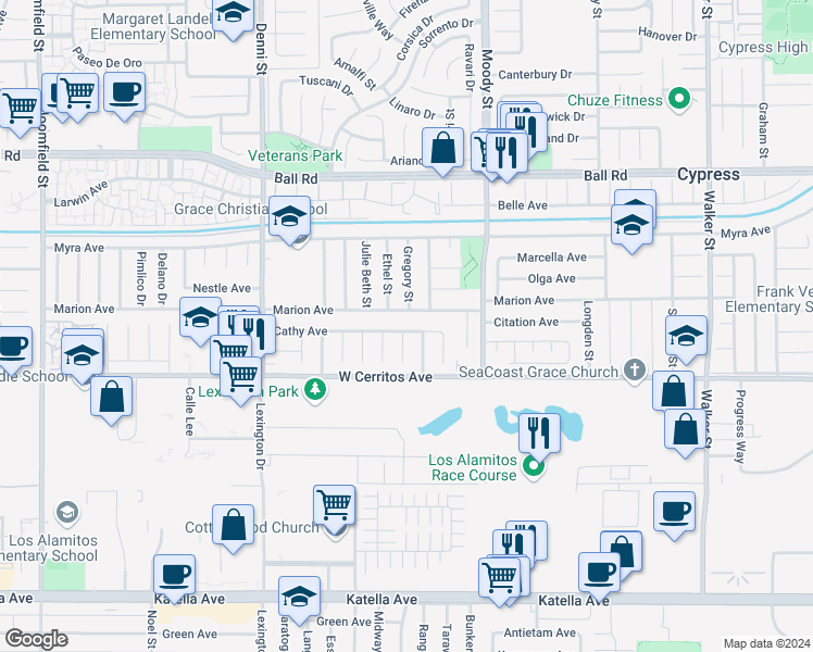 map of restaurants, bars, coffee shops, grocery stores, and more near 4821 Cathy Avenue in Cypress