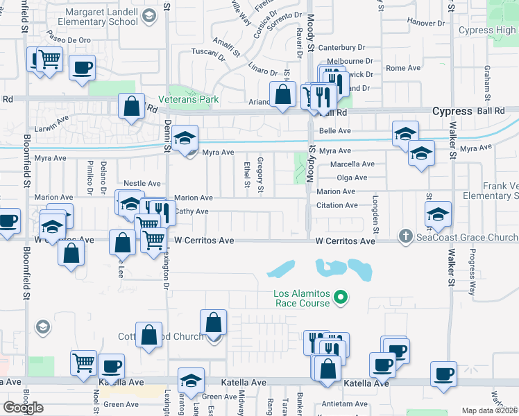 map of restaurants, bars, coffee shops, grocery stores, and more near 4821 Cathy Avenue in Cypress