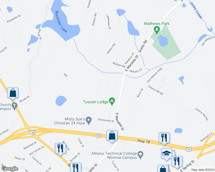 map of restaurants, bars, coffee shops, grocery stores, and more near 615 Brookwood Lane in Monroe