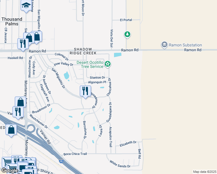 map of restaurants, bars, coffee shops, grocery stores, and more near 32617 Chiricahua Drive in Thousand Palms