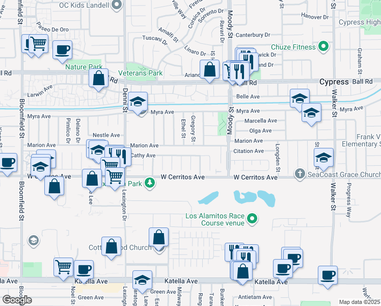 map of restaurants, bars, coffee shops, grocery stores, and more near 4811 Cathy Avenue in Cypress
