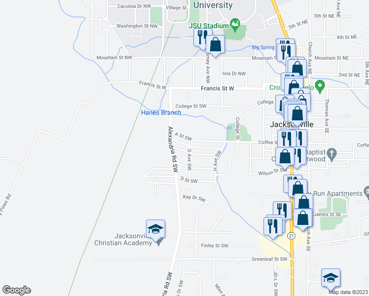 map of restaurants, bars, coffee shops, grocery stores, and more near 43 B Street Southwest in Jacksonville