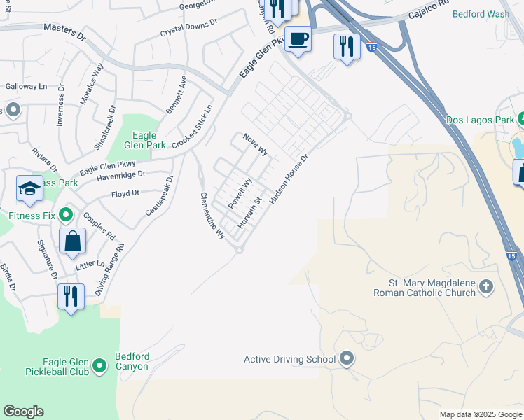 map of restaurants, bars, coffee shops, grocery stores, and more near 4235 Horvath Street in Corona