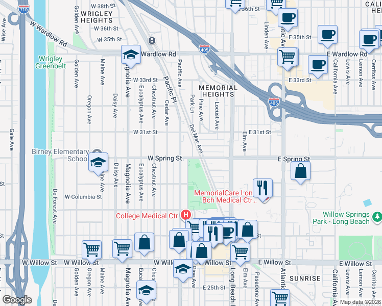 map of restaurants, bars, coffee shops, grocery stores, and more near 103 West Spring Street in Long Beach