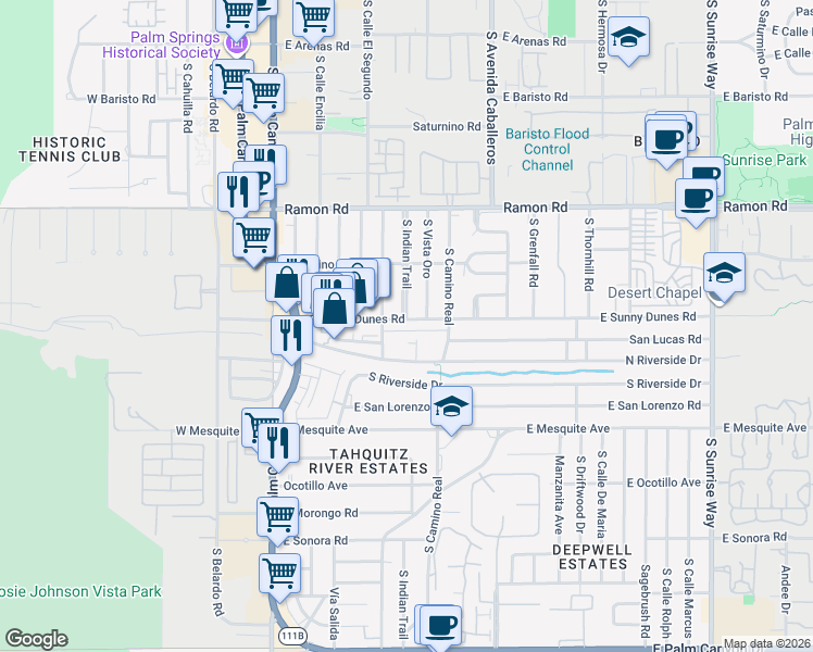 map of restaurants, bars, coffee shops, grocery stores, and more near 750 South Calle Palo Fierro in Palm Springs