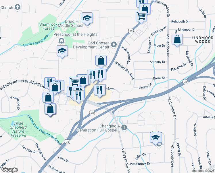 map of restaurants, bars, coffee shops, grocery stores, and more near 2914 White Blvd in Decatur