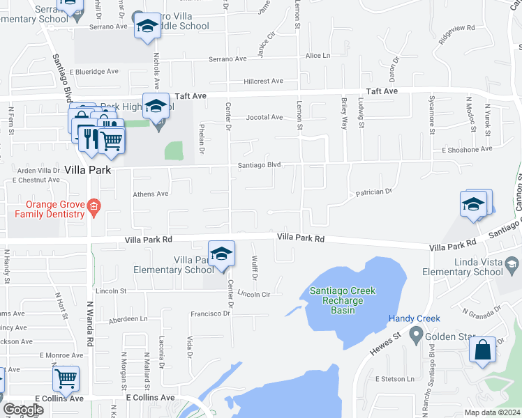 map of restaurants, bars, coffee shops, grocery stores, and more near 10362 Jerome Street in Villa Park