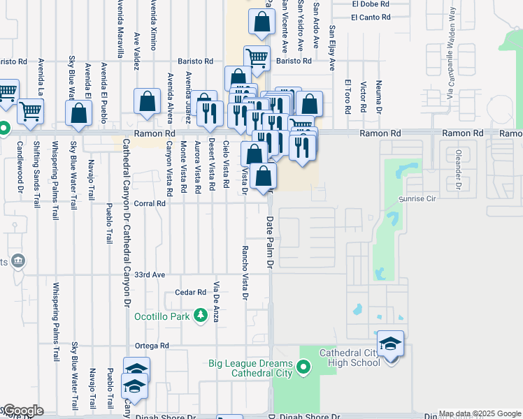 map of restaurants, bars, coffee shops, grocery stores, and more near 32611 Date Palm Drive in Cathedral City