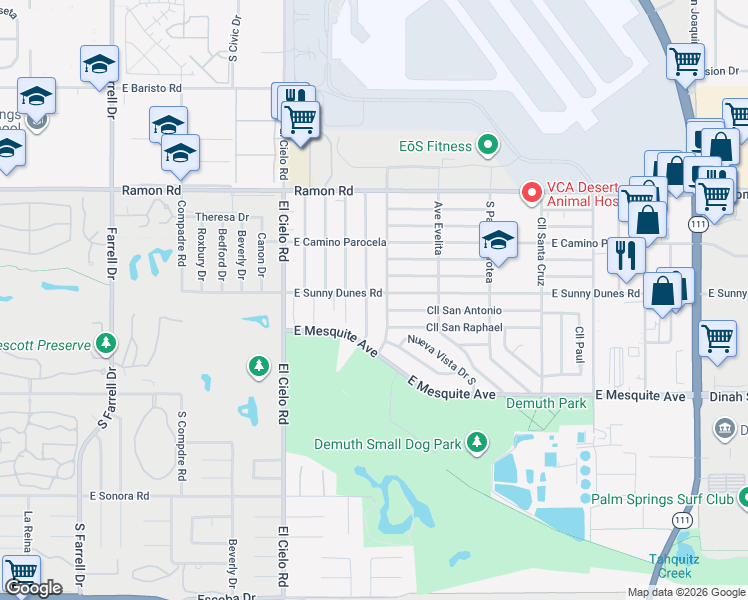 map of restaurants, bars, coffee shops, grocery stores, and more near 737 El Placer Road in Palm Springs