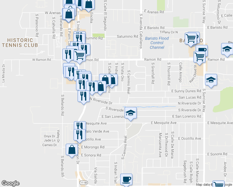 map of restaurants, bars, coffee shops, grocery stores, and more near 750 South Calle Palo Fierro in Palm Springs