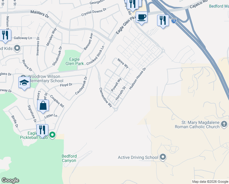 map of restaurants, bars, coffee shops, grocery stores, and more near 2521 Verna Drive in Corona