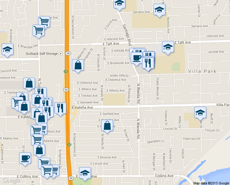 map of restaurants, bars, coffee shops, grocery stores, and more near 1401 North Handy Street in Orange