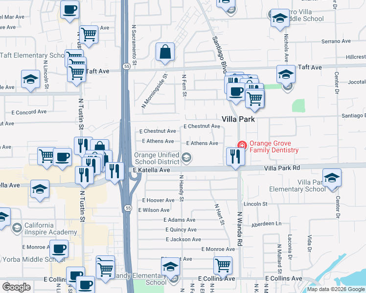 map of restaurants, bars, coffee shops, grocery stores, and more near 1401 North Handy Street in Orange