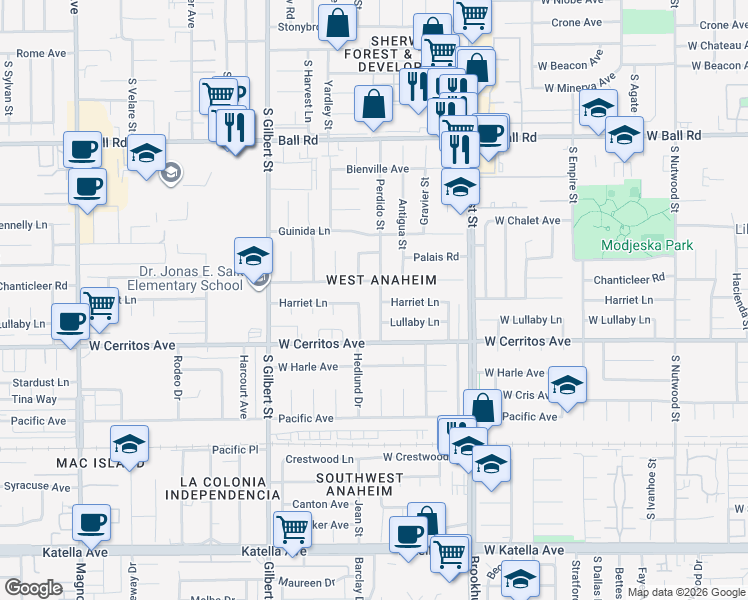 map of restaurants, bars, coffee shops, grocery stores, and more near 10411 Perdido Street in Anaheim