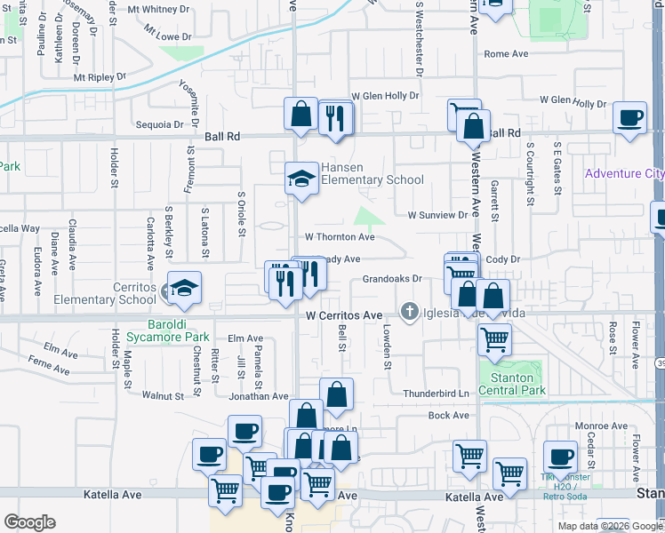 map of restaurants, bars, coffee shops, grocery stores, and more near 3426 West Brady Avenue in Anaheim