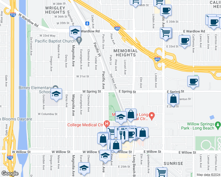 map of restaurants, bars, coffee shops, grocery stores, and more near 103 West Spring Street in Long Beach